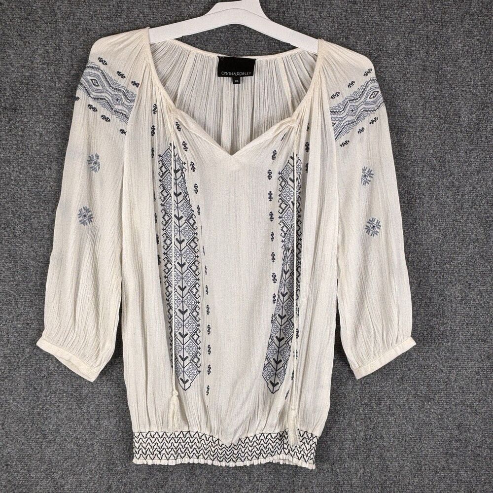 Cynthia Rowley Embroidered Peasant Blouse White Blue Boho Tassel Top XS